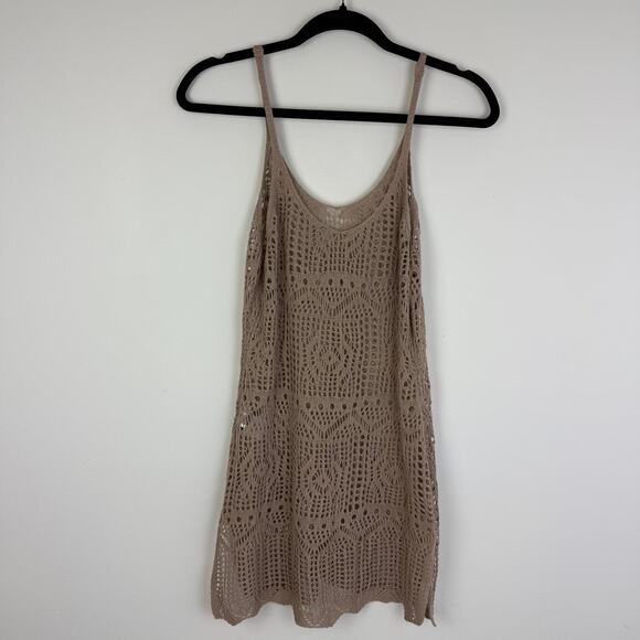 Womens Crochet Knit Sleeveless Bohemian Swimsuit Tan Coverup Mini Dress Medium - Picture 2 of 7